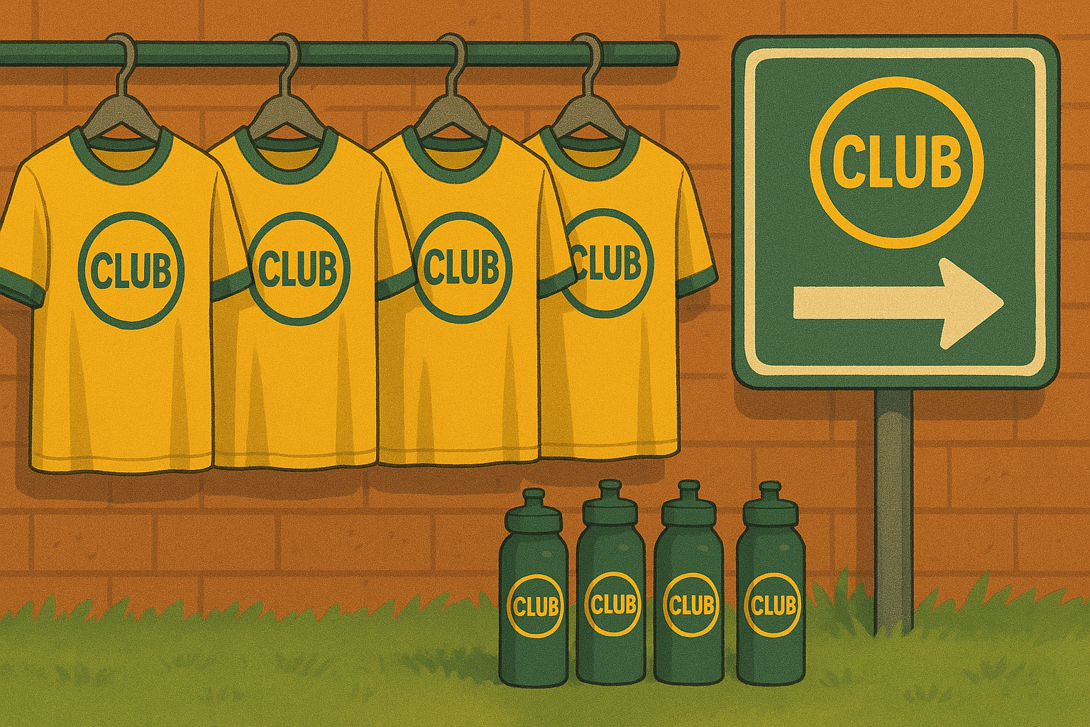 Graphic showing club's logo on different things like jerseys and water bottles.