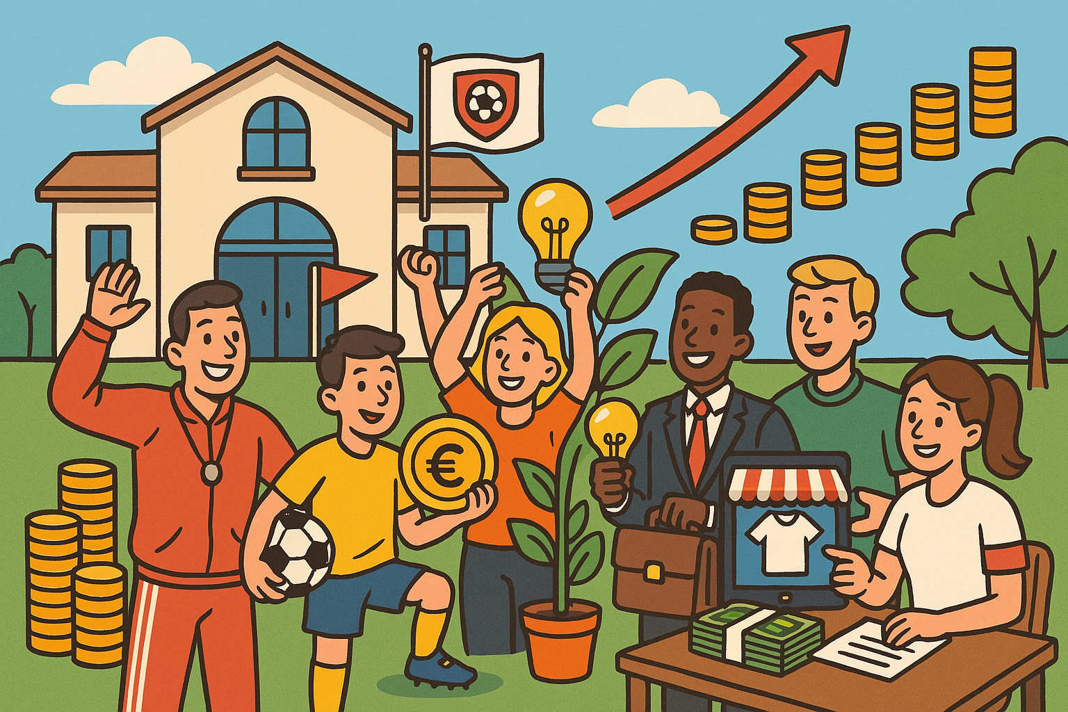 Graphic showing sports people having fun and a euro on the background