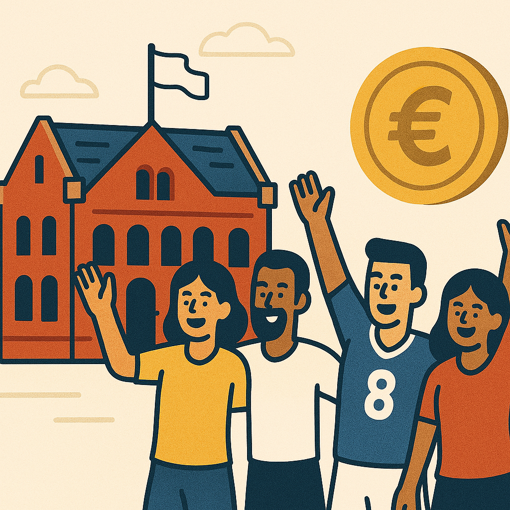 Graphic showing sports people having fun and a euro on the background