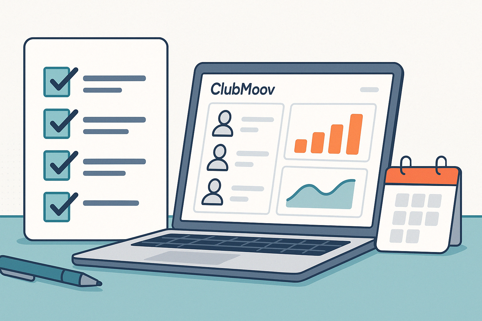 Organized desk with checklist, calendar, and laptop showing club management software