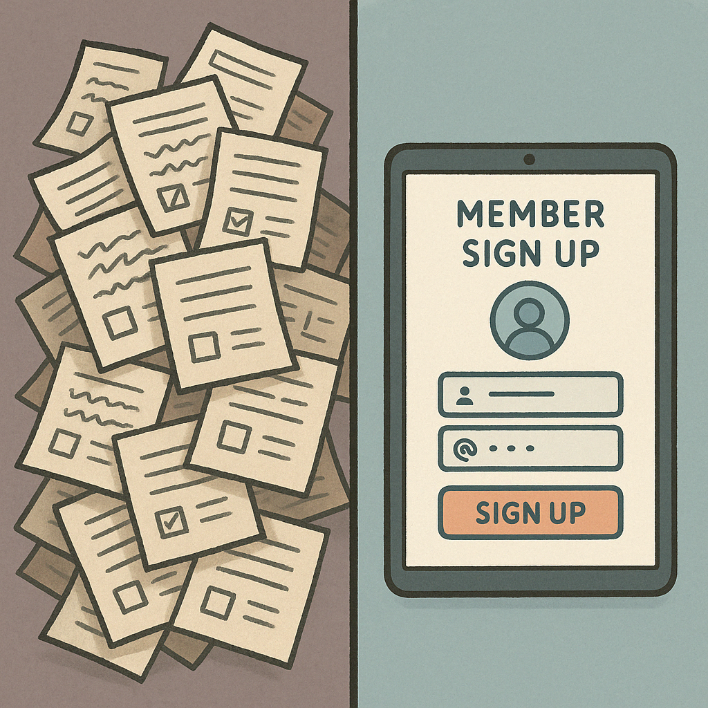 Split-screen comparison showing disorganized paperwork vs. clean digital interface